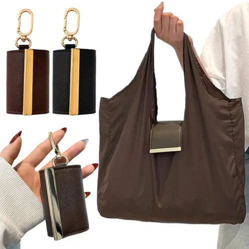 Foldable Tote Bag Women Large Capacity Shoulder Bag Portable Keychain Design Shopping Bag PU Fabric Lightweight Travel Grocery