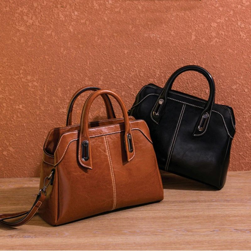 Genuine Leather Women Handbag Top Handle Shoulder Cross body Bag Fashion Oil Wax Cowhide Purses and Handbags Messenger Tote Bags - Image 2